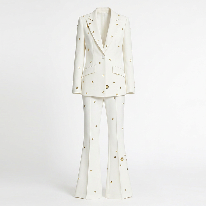 Metal Eyelet One Button Blazer and Flared Pants Suit Set for Statement Office Style Women-Vyana Collective