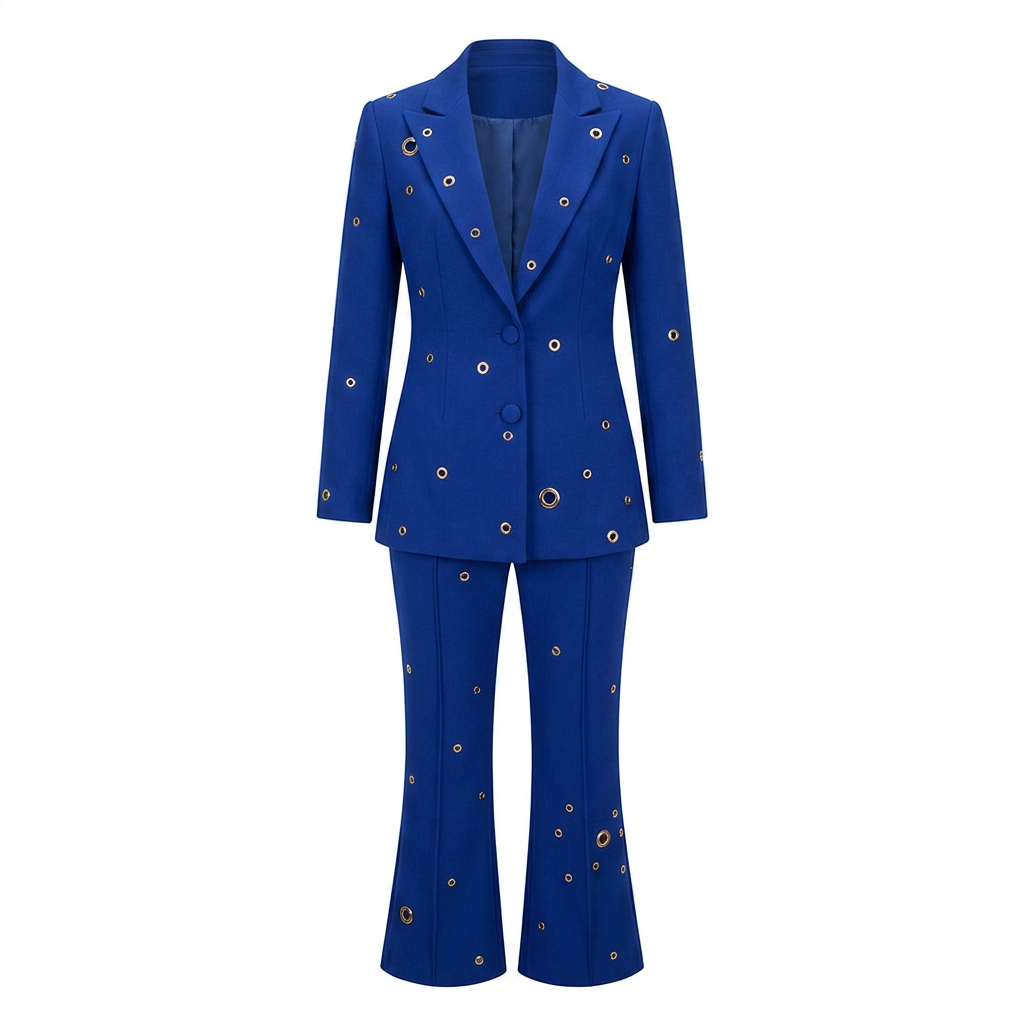 Metal Eyelet One Button Blazer and Flared Pants Suit Set for Statement Office Style Women-Vyana Collective