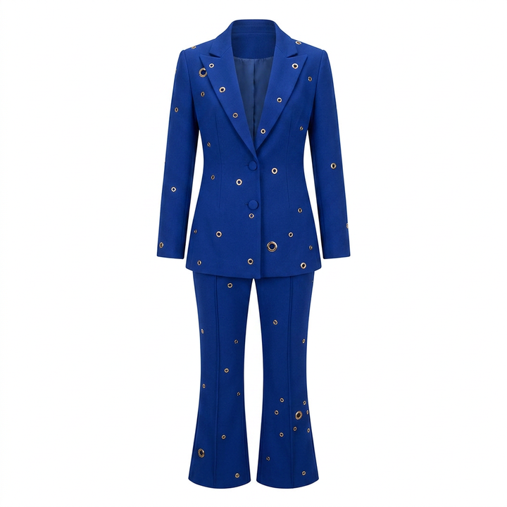 Metal Eyelet One Button Blazer and Flared Pants Suit Set for Statement Office Style Women-Vyana Collective
