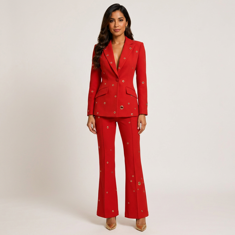 Metal Eyelet One Button Blazer and Flared Pants Suit Set for Statement Office Style Women-Vyana Collective