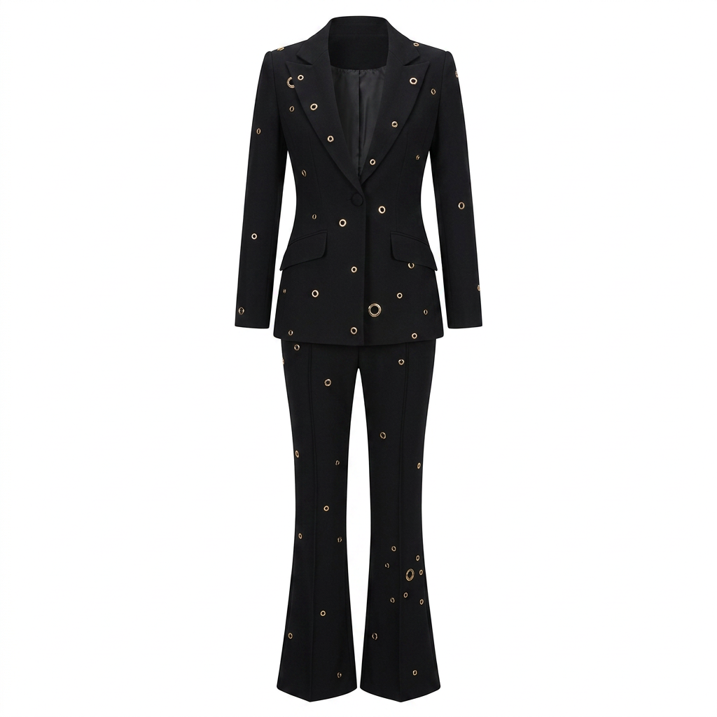 Metal Eyelet One Button Blazer and Flared Pants Suit Set for Statement Office Style Women-Vyana Collective