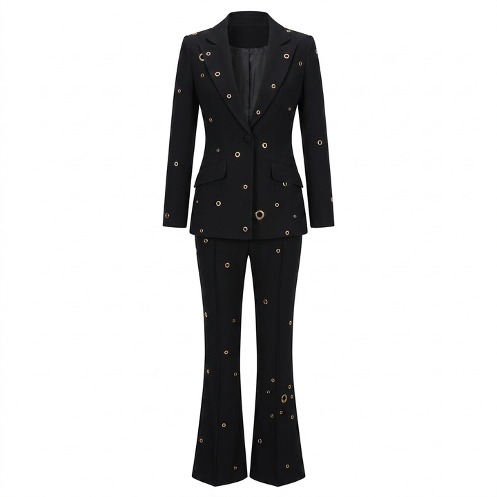 Metal Eyelet One Button Blazer and Flared Pants Suit Set for Statement Office Style Women-Vyana Collective