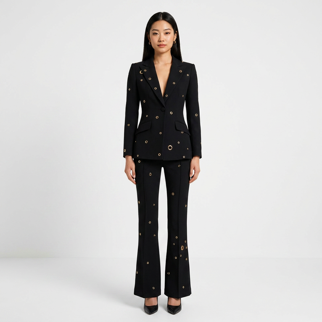 Metal Eyelet One Button Blazer and Flared Pants Suit Set for Statement Office Style Women-Vyana Collective