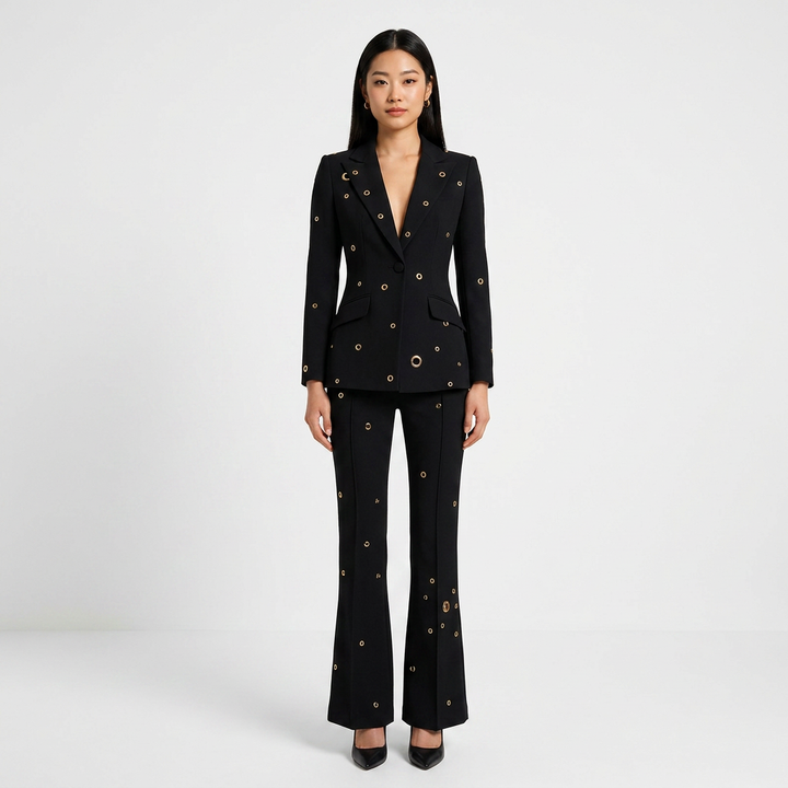 Metal Eyelet One Button Blazer and Flared Pants Suit Set for Statement Office Style Women-Vyana Collective
