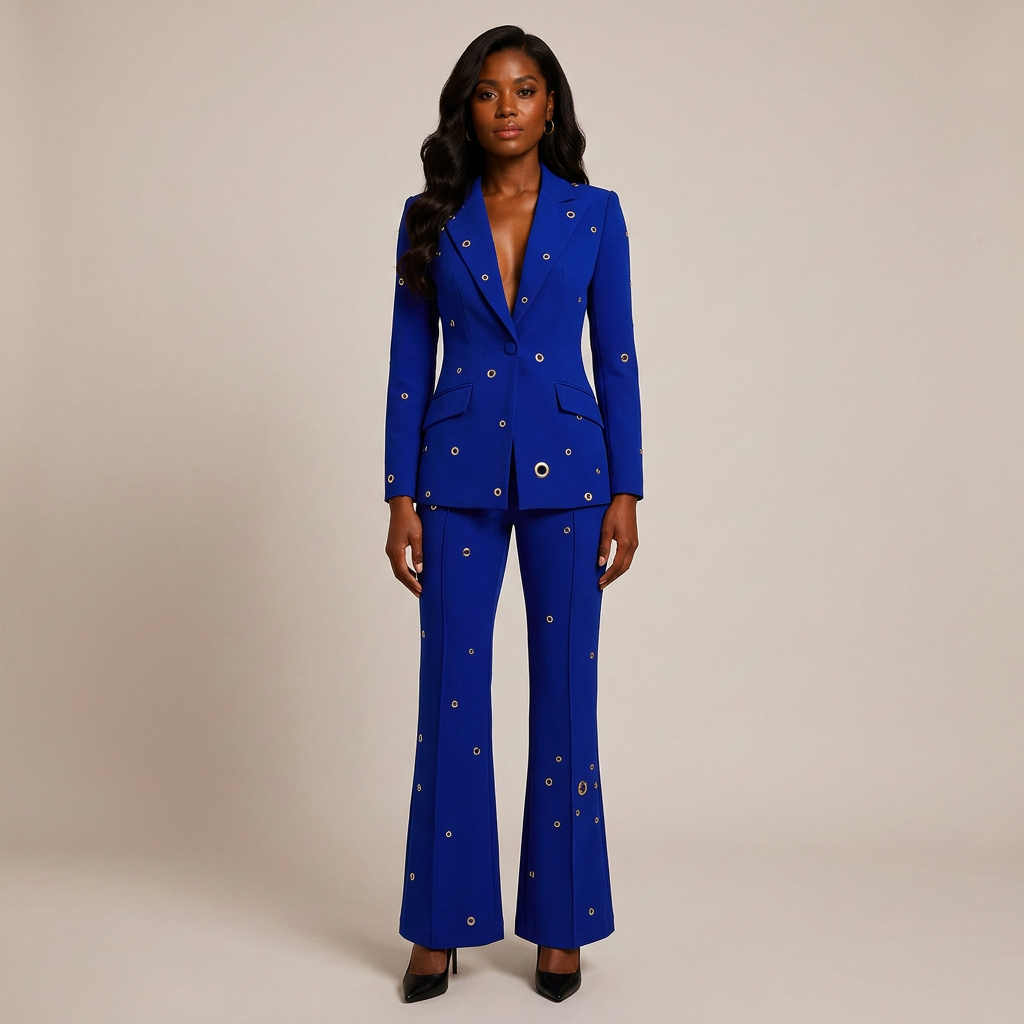 Metal Eyelet One Button Blazer and Flared Pants Suit Set for Statement Office Style Women-Vyana Collective