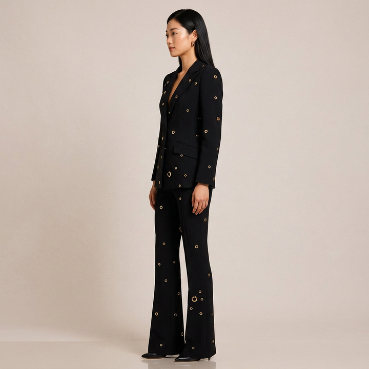 Metal Eyelet One Button Blazer and Flared Pants Suit Set for Statement Office Style Women-Vyana Collective