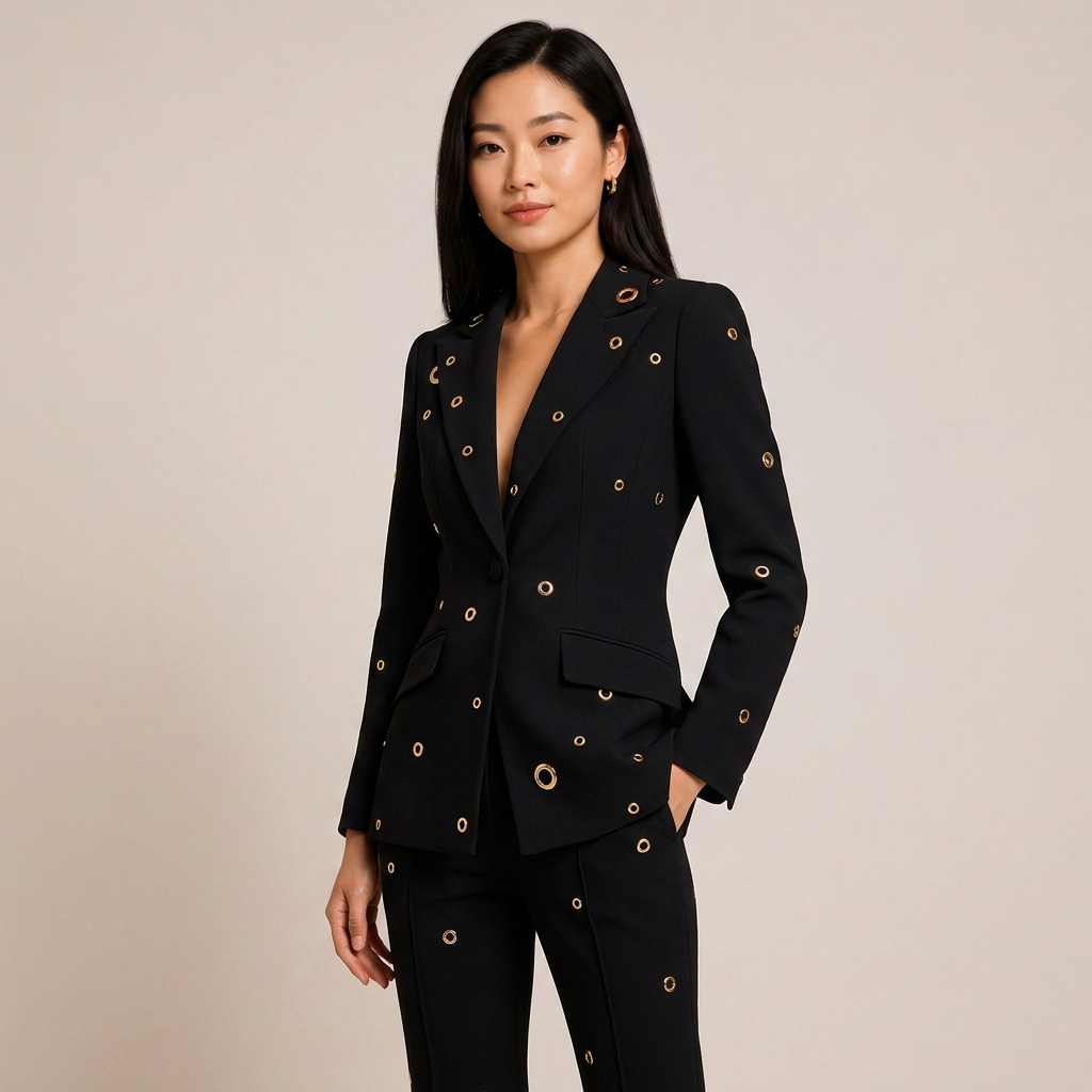 Metal Eyelet One Button Blazer and Flared Pants Suit Set for Statement Office Style Women-Vyana Collective
