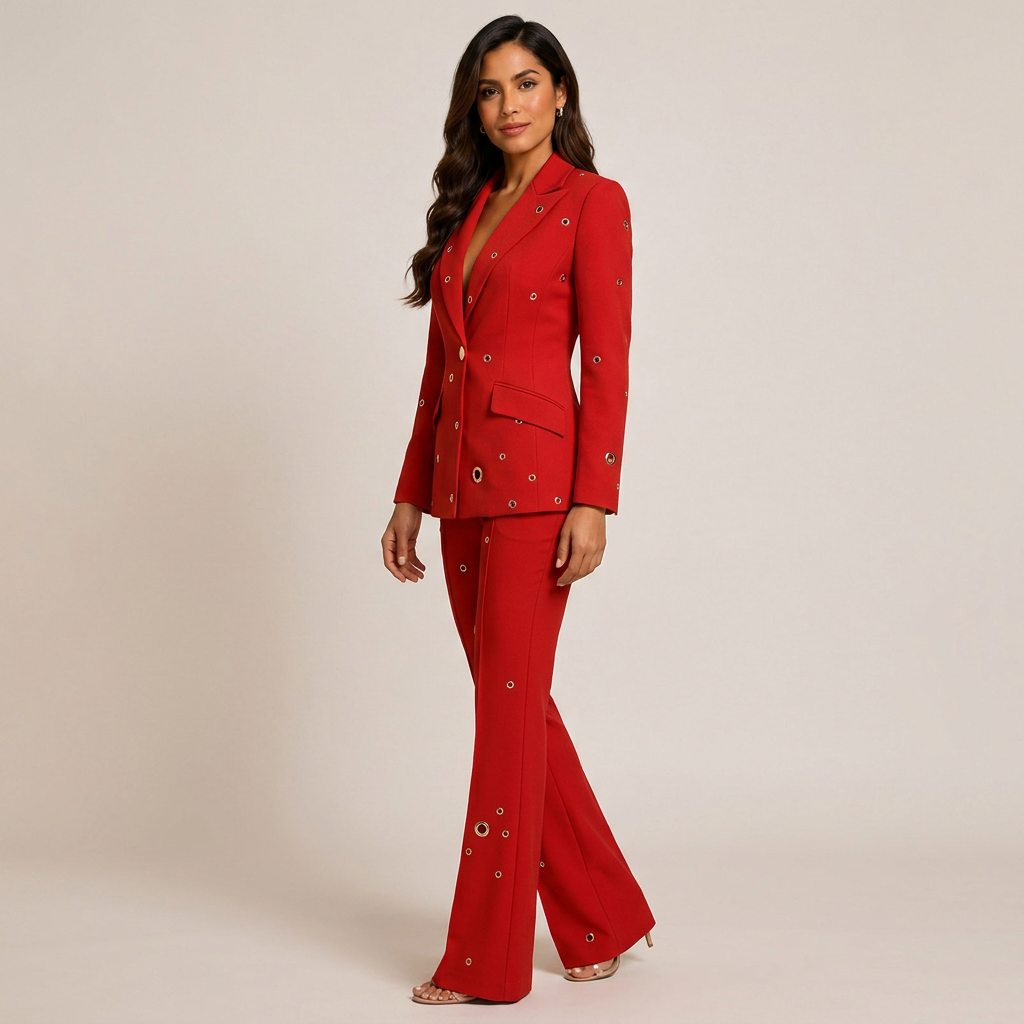 Metal Eyelet One Button Blazer and Flared Pants Suit Set for Statement Office Style Women-Vyana Collective