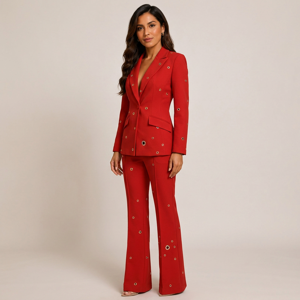 Metal Eyelet One Button Blazer and Flared Pants Suit Set for Statement Office Style Women-Vyana Collective