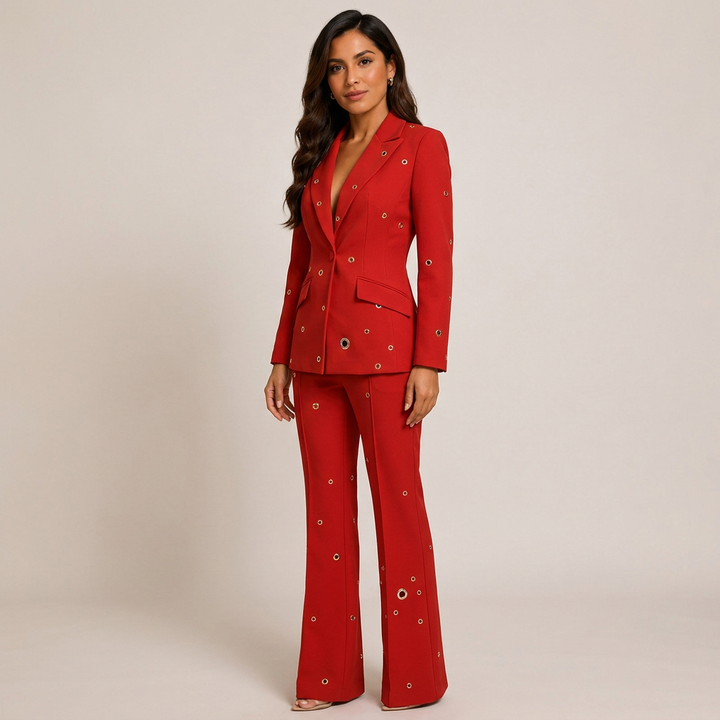 Metal Eyelet One Button Blazer and Flared Pants Suit Set for Statement Office Style Women-Vyana Collective