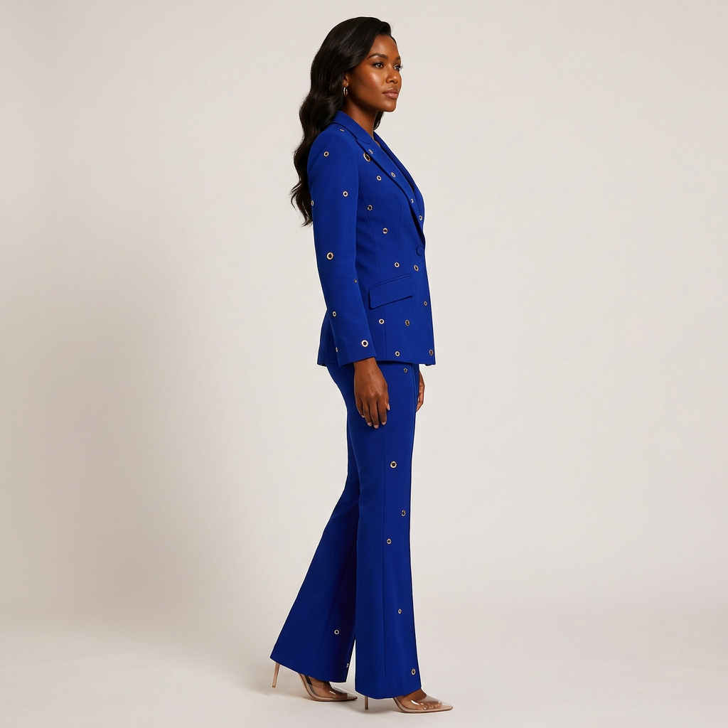 Metal Eyelet One Button Blazer and Flared Pants Suit Set for Statement Office Style Women-Vyana Collective