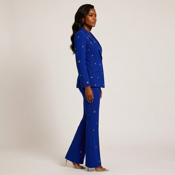Metal Eyelet One Button Blazer and Flared Pants Suit Set for Statement Office Style Women-Vyana Collective