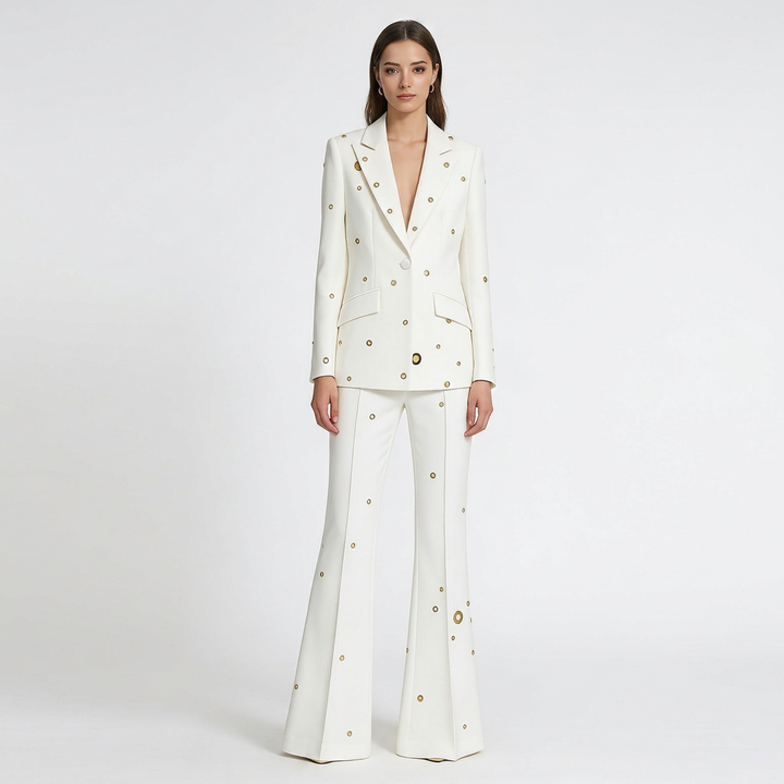 Metal Eyelet One Button Blazer and Flared Pants Suit Set for Statement Office Style Women-Vyana Collective