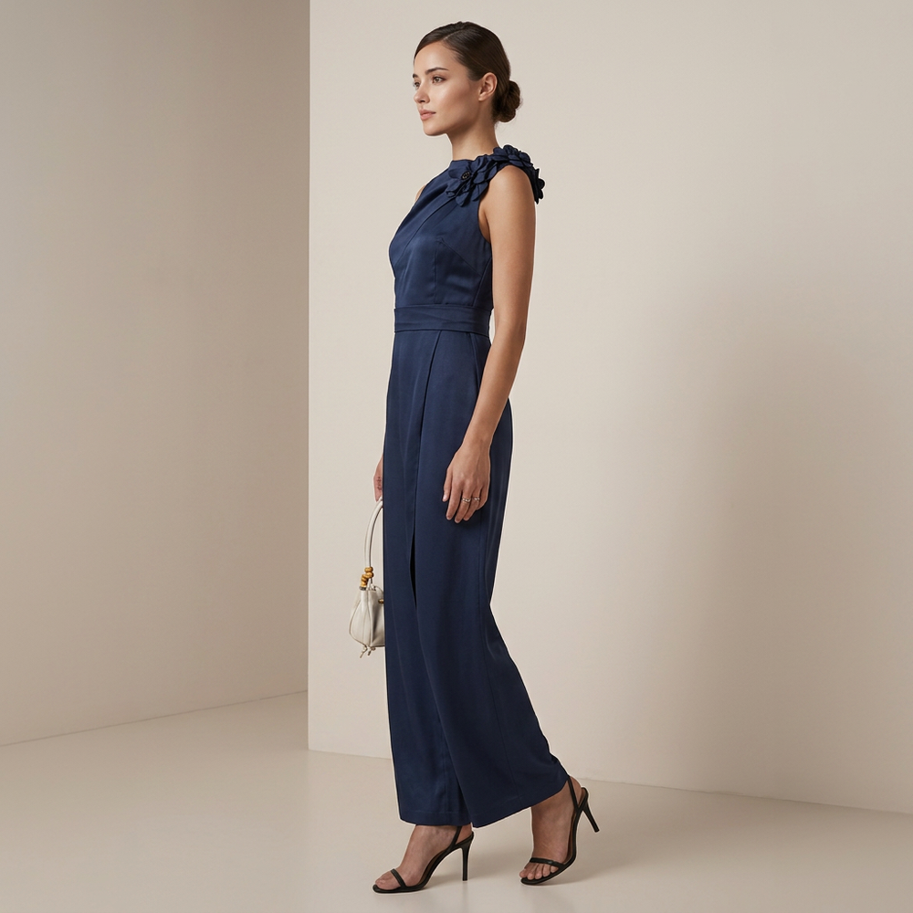 Midnight Blue Satin Floral Maxi Dress for Wedding Guests and Elegant Evenings for Women-Vyana Collective