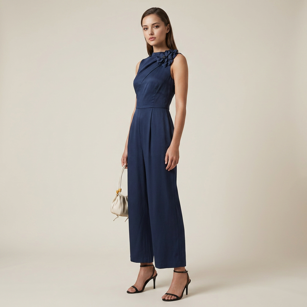 Midnight Blue Satin Floral Maxi Dress for Wedding Guests and Elegant Evenings for Women-Vyana Collective