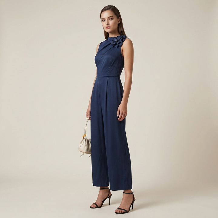 Midnight Blue Satin Floral Maxi Dress for Wedding Guests and Elegant Evenings for Women-Vyana Collective