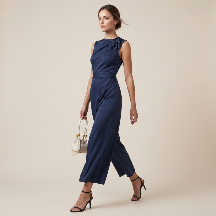 Midnight Blue Satin Floral Maxi Dress for Wedding Guests and Elegant Evenings for Women-Vyana Collective