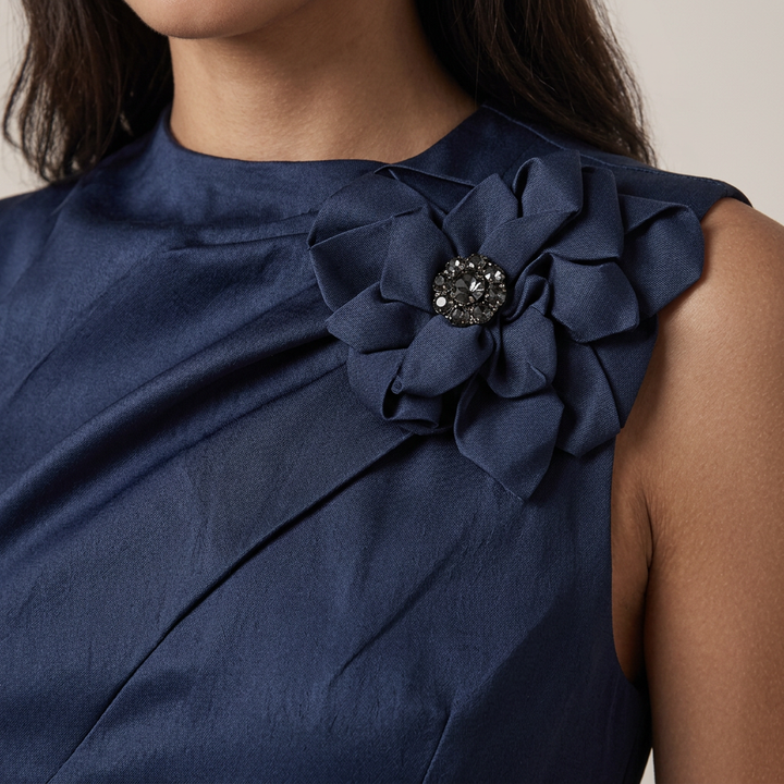 Midnight Blue Satin Floral Maxi Dress for Wedding Guests and Elegant Evenings for Women-Vyana Collective