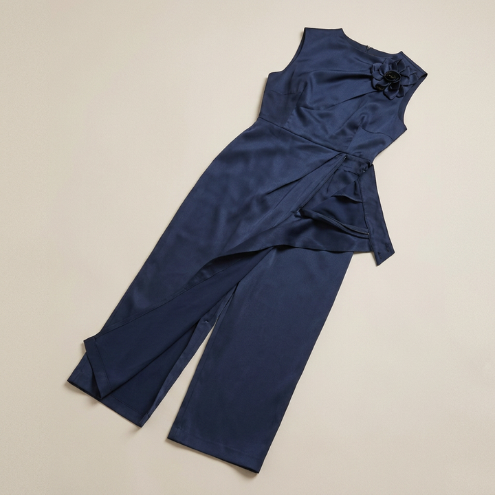 Midnight Blue Satin Floral Maxi Dress for Wedding Guests and Elegant Evenings for Women-Vyana Collective