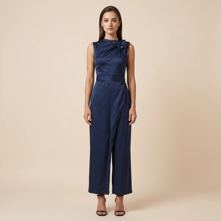Midnight Blue Satin Floral Maxi Dress for Wedding Guests and Elegant Evenings for Women-Vyana Collective