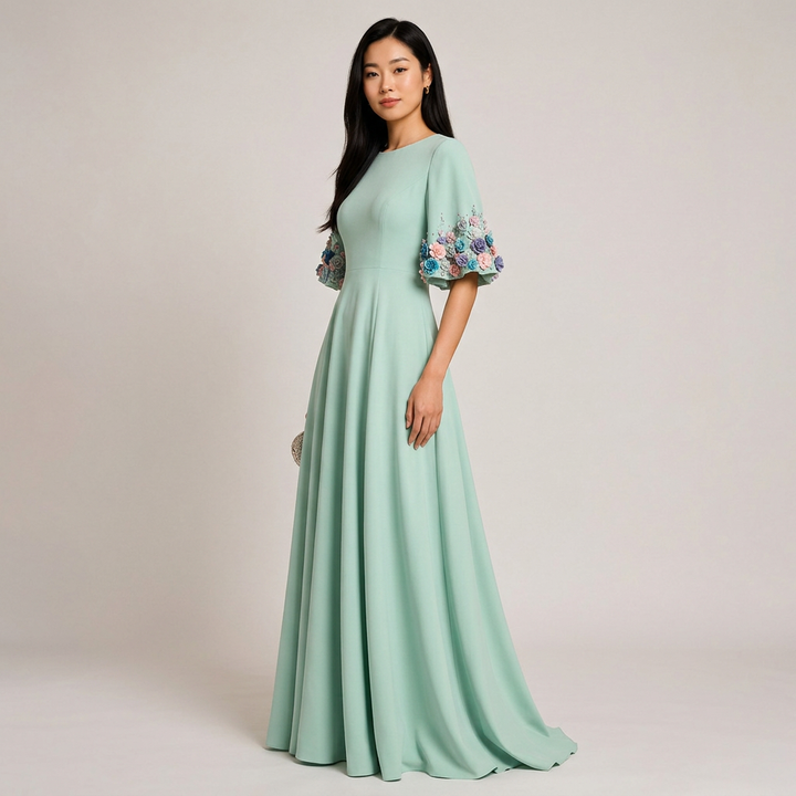 Mint Green 3D Floral Appliqué Flare-Sleeve A-Line Maxi Dress-Vyana Collective