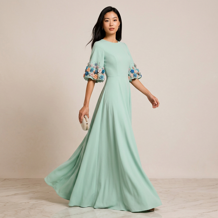 Mint Green 3D Floral Appliqué Flare-Sleeve A-Line Maxi Dress-Vyana Collective