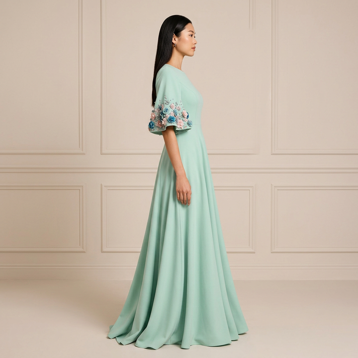 Mint Green 3D Floral Appliqué Flare-Sleeve A-Line Maxi Dress-Vyana Collective