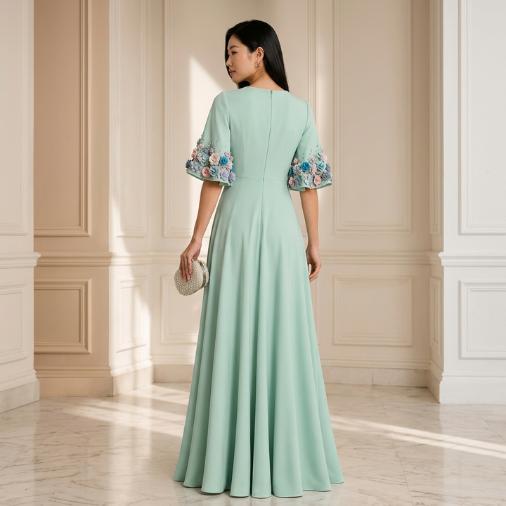Mint Green 3D Floral Appliqué Flare-Sleeve A-Line Maxi Dress-Vyana Collective