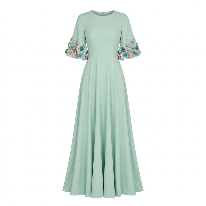 Mint Green 3D Floral Appliqué Flare-Sleeve A-Line Maxi Dress-Vyana Collective