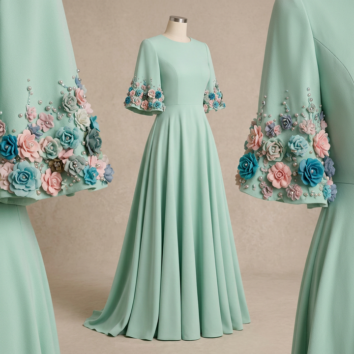 Mint Green 3D Floral Appliqué Flare-Sleeve A-Line Maxi Dress-Vyana Collective