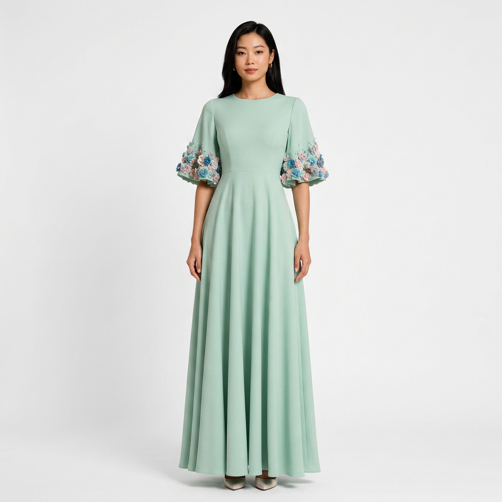 Mint Green 3D Floral Appliqué Flare-Sleeve A-Line Maxi Dress-Vyana Collective