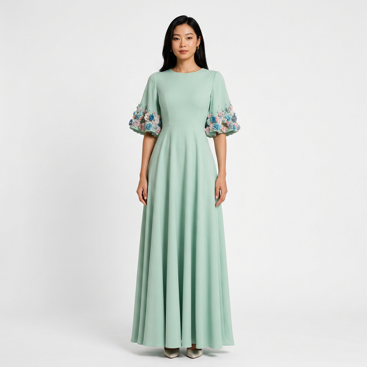 Mint Green 3D Floral Appliqué Flare-Sleeve A-Line Maxi Dress-Vyana Collective