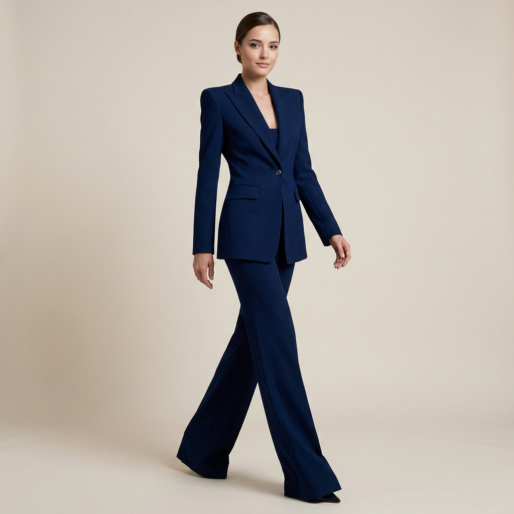 Navy Blue Tailored Blazer and Wide Leg Pants Set for Meetings Ready and Executive Elegance Women-Vyana Collective
