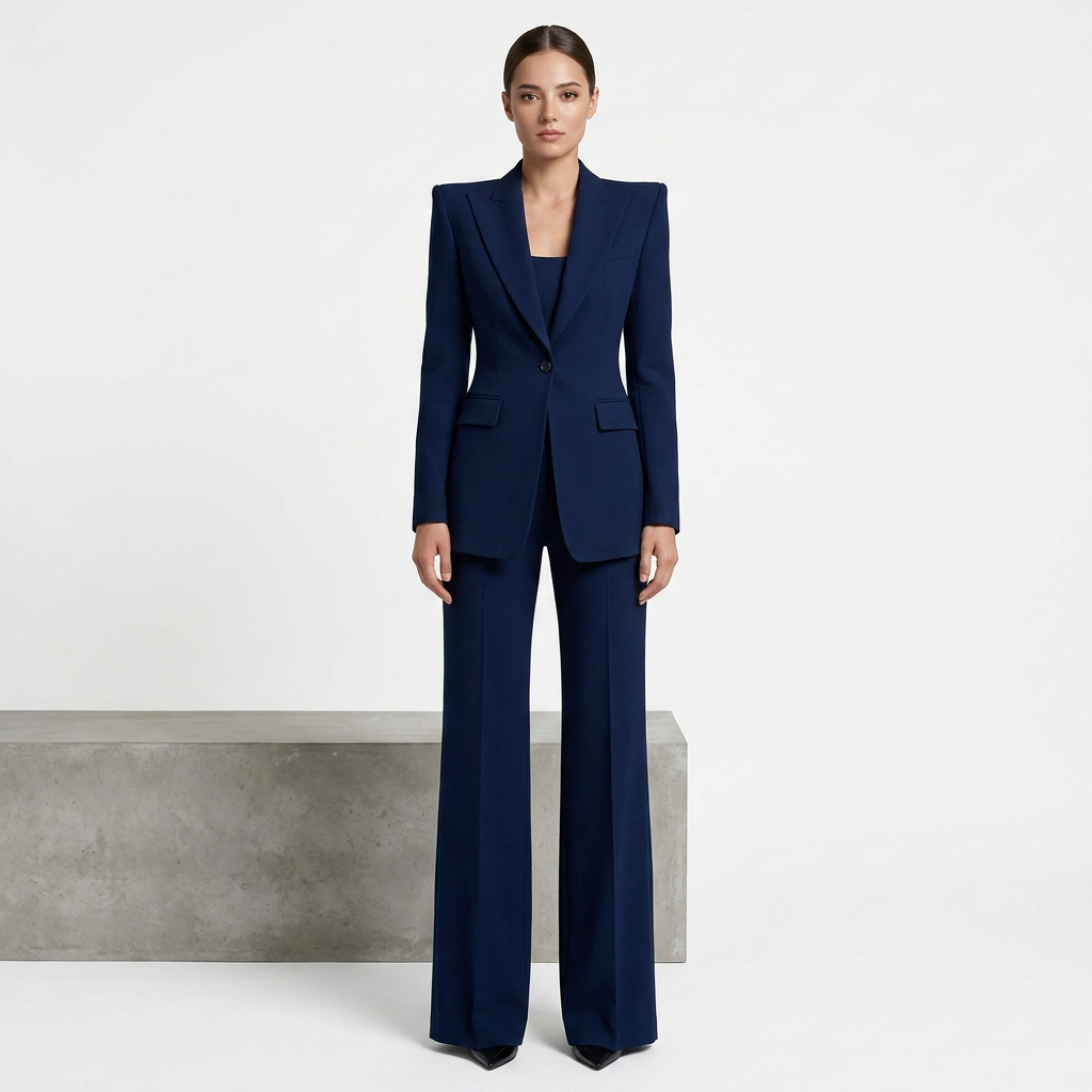 Navy Blue Tailored Blazer and Wide Leg Pants Set for Meetings Ready and Executive Elegance Women-Vyana Collective