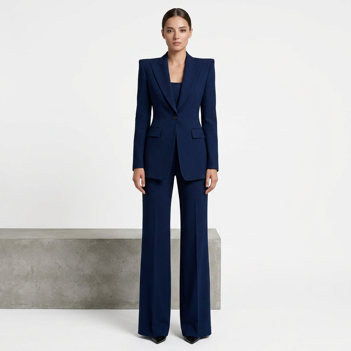 Navy Blue Tailored Blazer and Wide Leg Pants Set for Meetings Ready and Executive Elegance Women-Vyana Collective