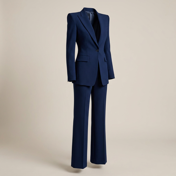 Navy Blue Tailored Blazer and Wide Leg Pants Set for Meetings Ready and Executive Elegance Women-Vyana Collective