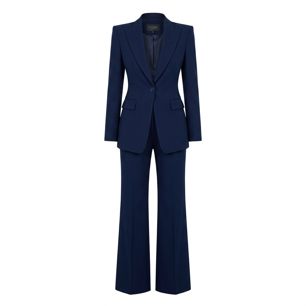 Navy Blue Tailored Blazer and Wide Leg Pants Set for Meetings Ready and Executive Elegance Women-Vyana Collective