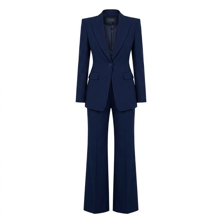 Navy Blue Tailored Blazer and Wide Leg Pants Set for Meetings Ready and Executive Elegance Women-Vyana Collective