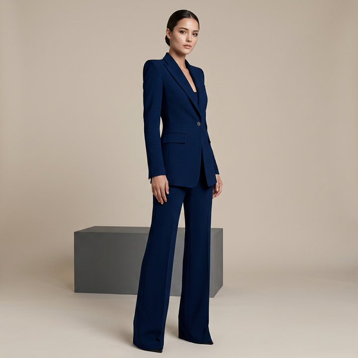 Navy Blue Tailored Blazer and Wide Leg Pants Set for Meetings Ready and Executive Elegance Women-Vyana Collective