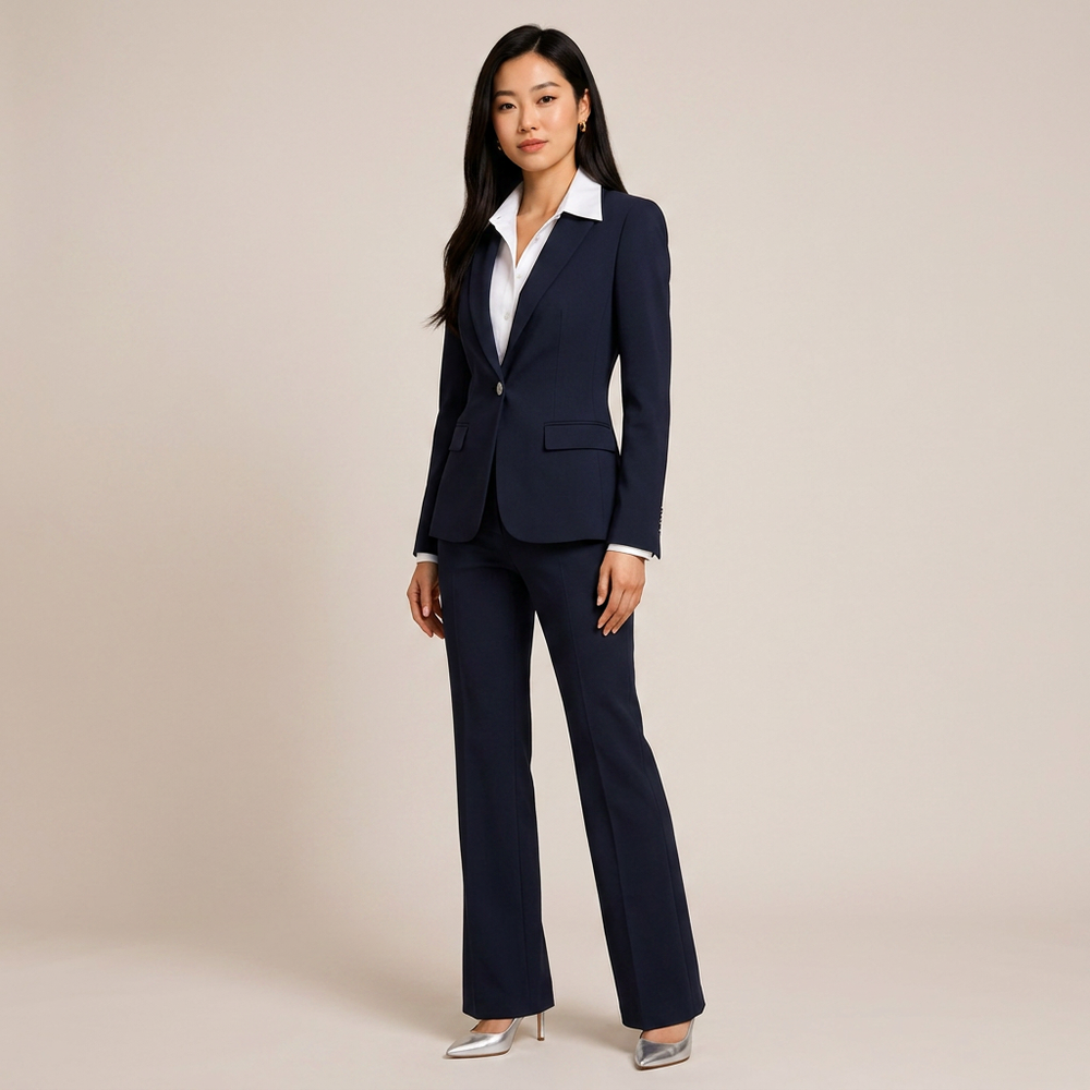 Navy Blue Tailored Blazer and Wide Leg Pants Set for Meetings Ready and Modern Office Style Women-Vyana Collective