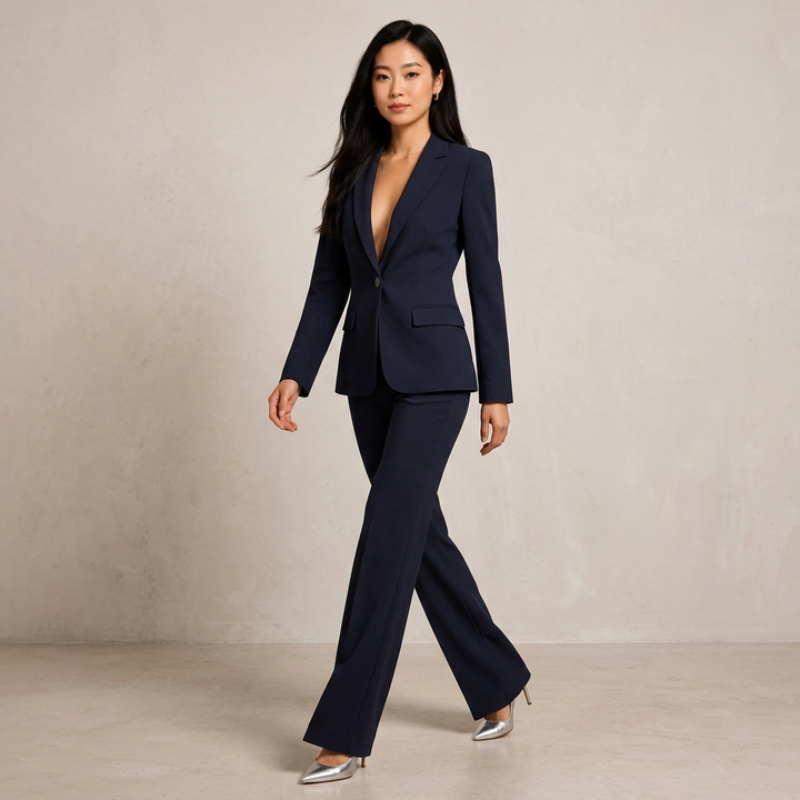 Navy Blue Tailored Blazer and Wide Leg Pants Set for Meetings Ready and Modern Office Style Women-Vyana Collective