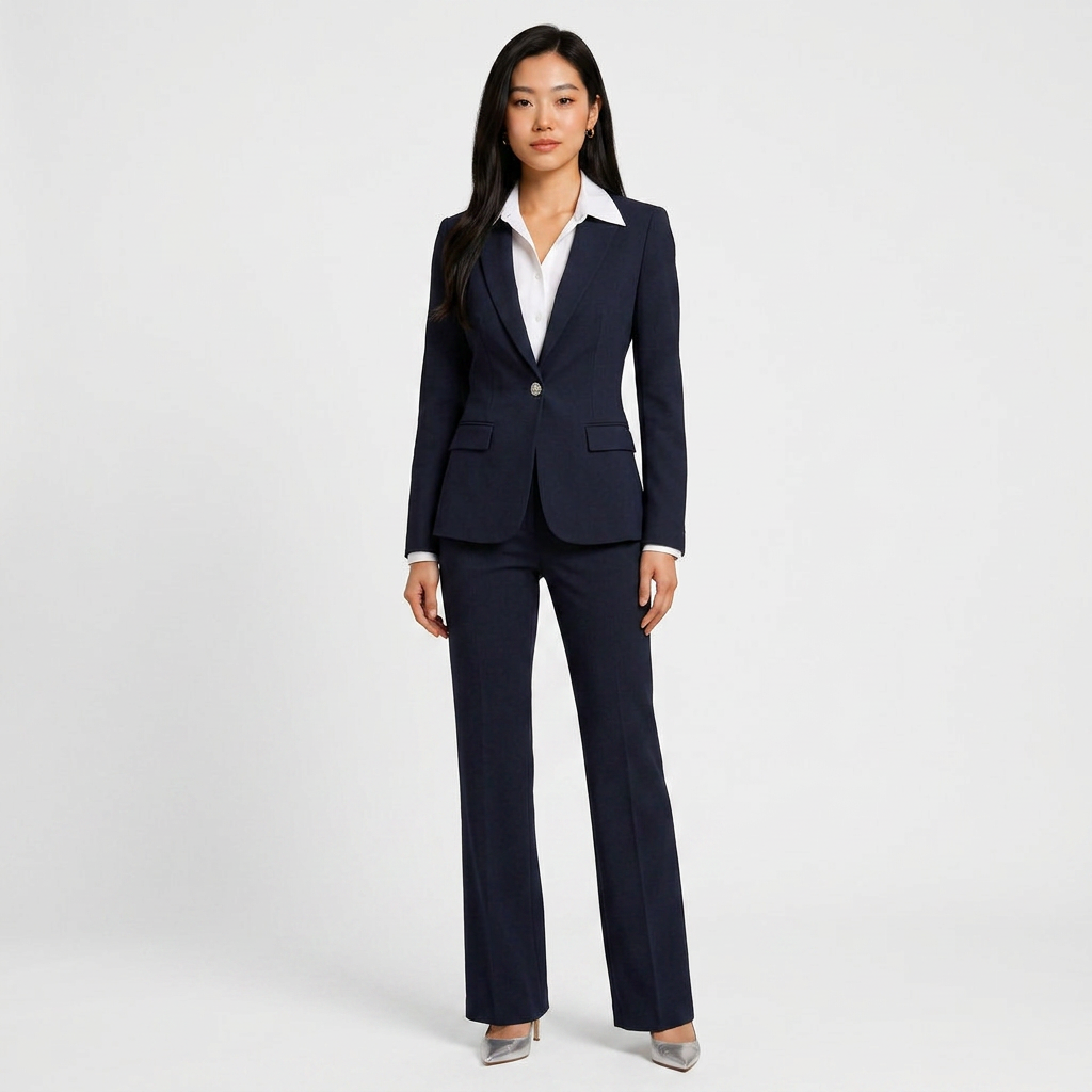 Navy Blue Tailored Blazer and Wide Leg Pants Set for Meetings Ready and Modern Office Style Women-Vyana Collective