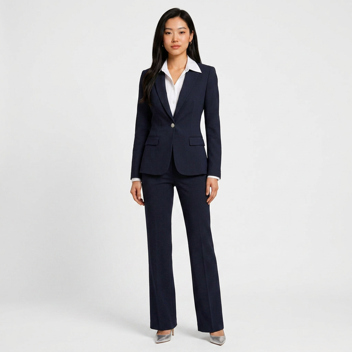 Navy Blue Tailored Blazer and Wide Leg Pants Set for Meetings Ready and Modern Office Style Women-Vyana Collective