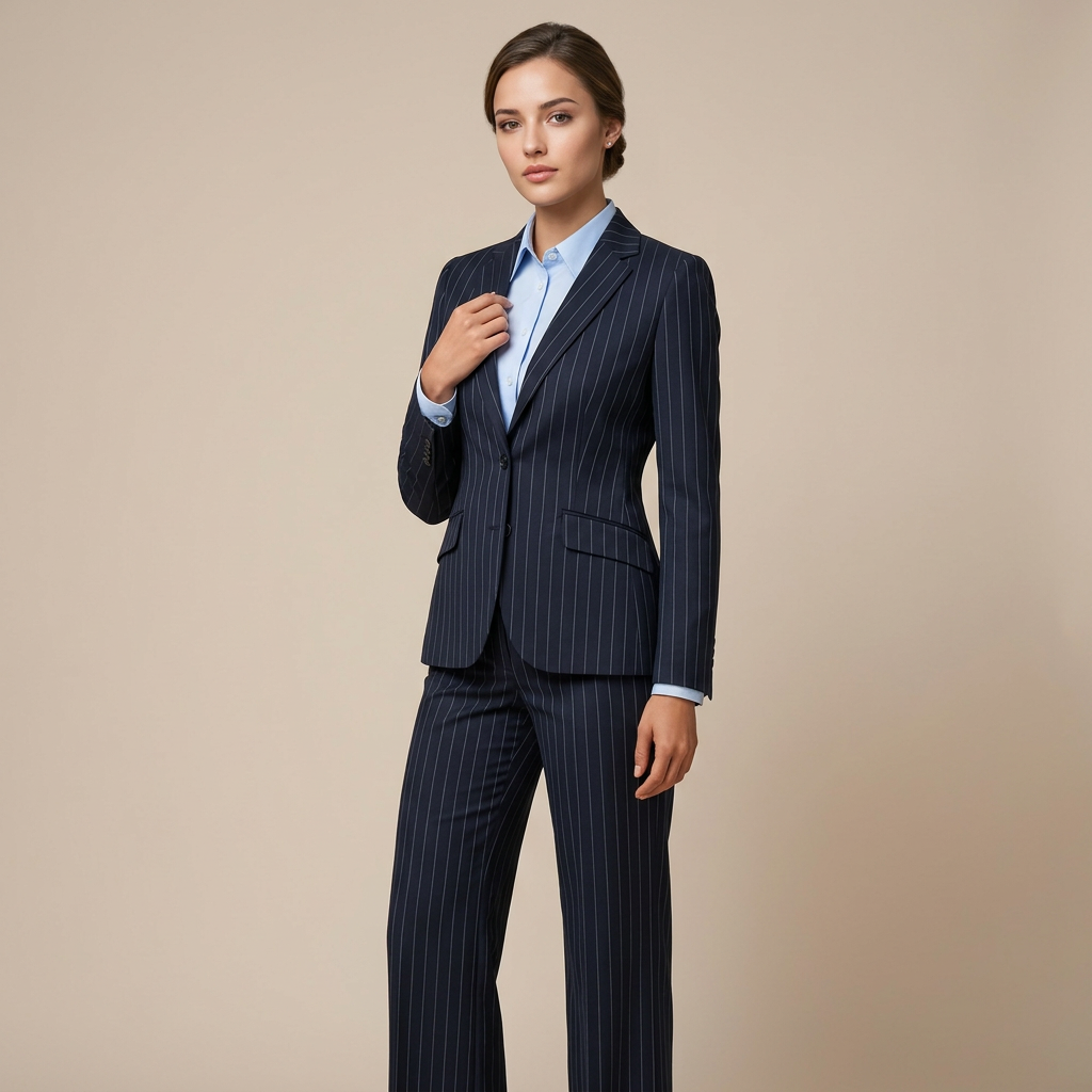Navy Pinstripe Blazer and Wide Leg Trousers Suit Set for Meetings Ready and Executive Office Style Women-Vyana Collective