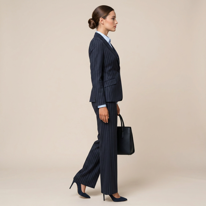 Navy Pinstripe Blazer and Wide Leg Trousers Suit Set for Meetings Ready and Executive Office Style Women-Vyana Collective