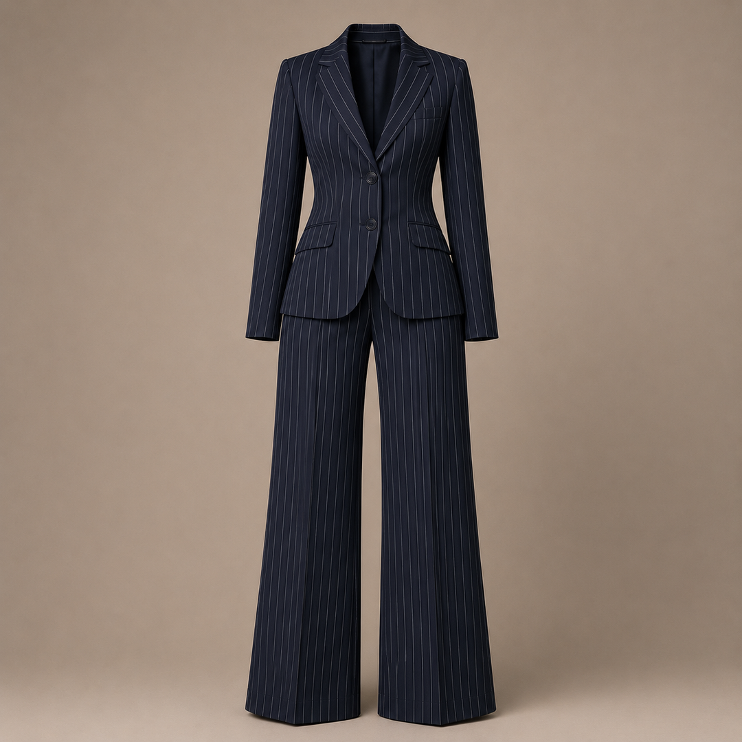 Navy Pinstripe Blazer and Wide Leg Trousers Suit Set for Meetings Ready and Executive Office Style Women-Vyana Collective