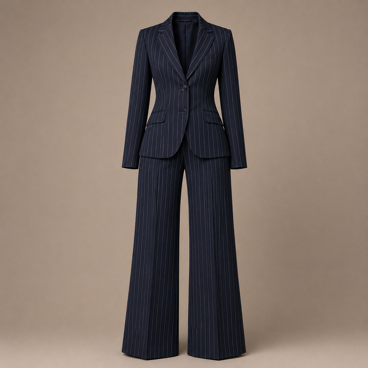Navy Pinstripe Blazer and Wide Leg Trousers Suit Set for Meetings Ready and Executive Office Style Women-Vyana Collective