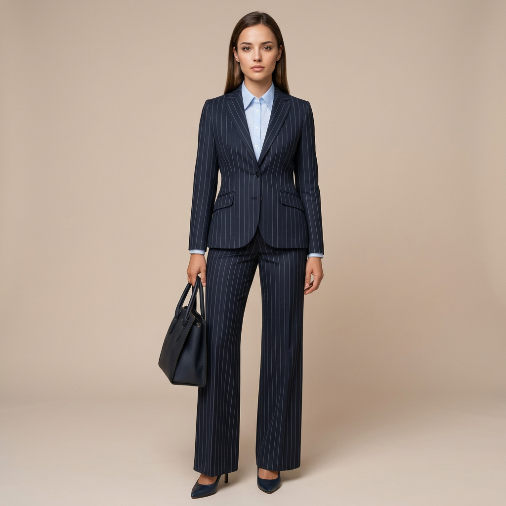 Navy Pinstripe Blazer and Wide Leg Trousers Suit Set for Meetings Ready and Executive Office Style Women-Vyana Collective