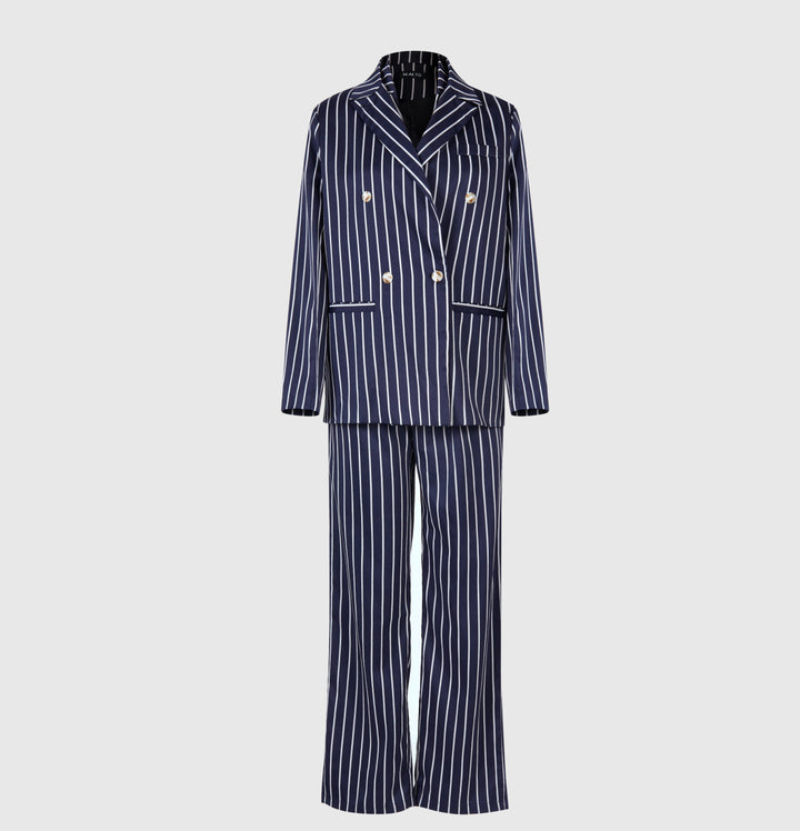 Navy Pinstripe Three Piece Blazer, Vest and Wide Leg Pants Set for Meetings Ready and Executive Elegance Women-Vyana Collective