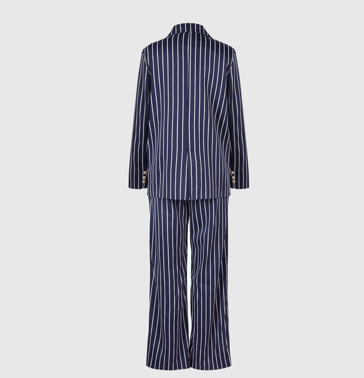 Navy Pinstripe Three Piece Blazer, Vest and Wide Leg Pants Set for Meetings Ready and Executive Elegance Women-Vyana Collective